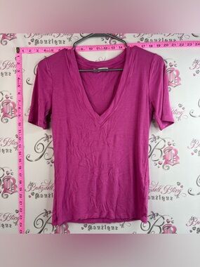 Zara T-shirt tee deep V-Neck Short Sleeve Top - Bright Fuchsia pink purple